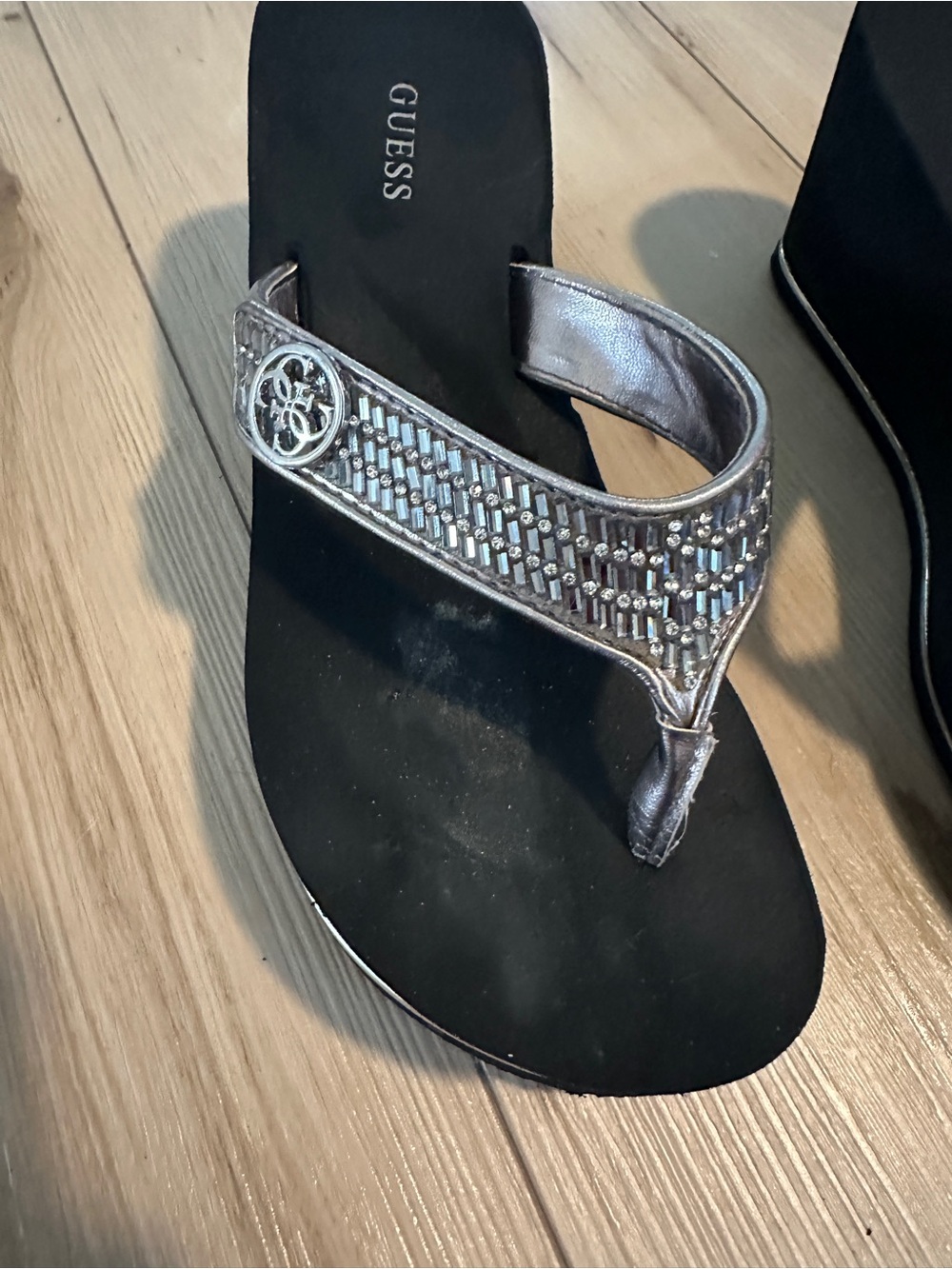 GUESS Black Wedge Sandals with Silver Metallic Straps - Picture 8 of 8